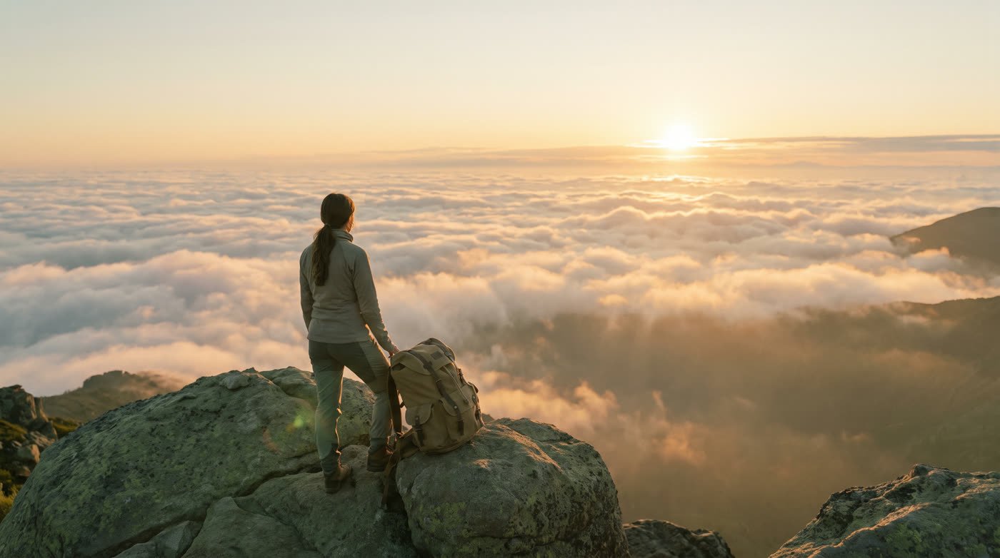 Frau auf einem Berggipfel über den Wolken, den schweren Rucksack abgestellt