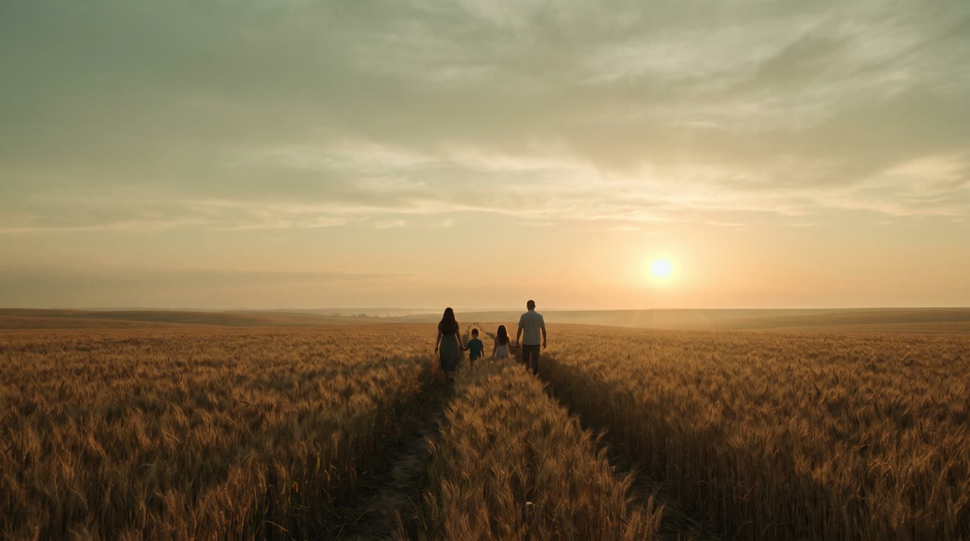 Familie geht gemeinsam auf einem Weg durchs Kornfeld der Sonne entgegen