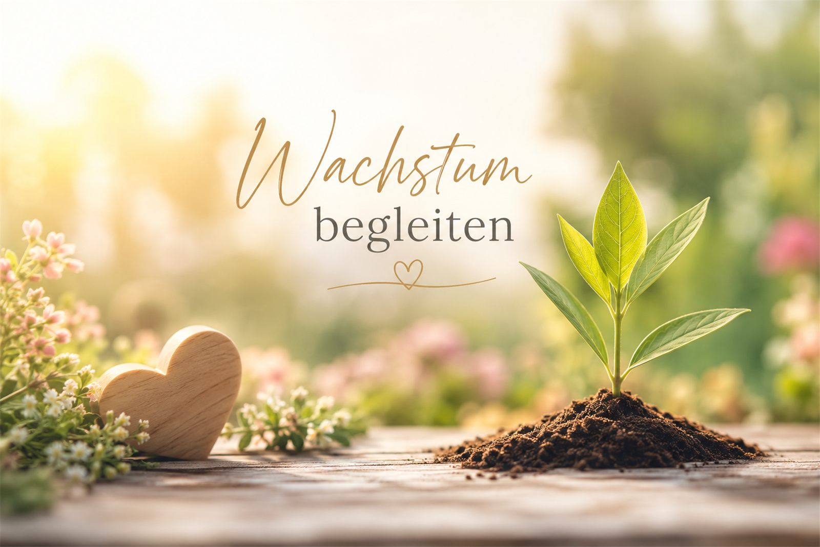 Junge Pflanze wächst aus Erde, daneben ein Holzherz — Wachstum begleiten